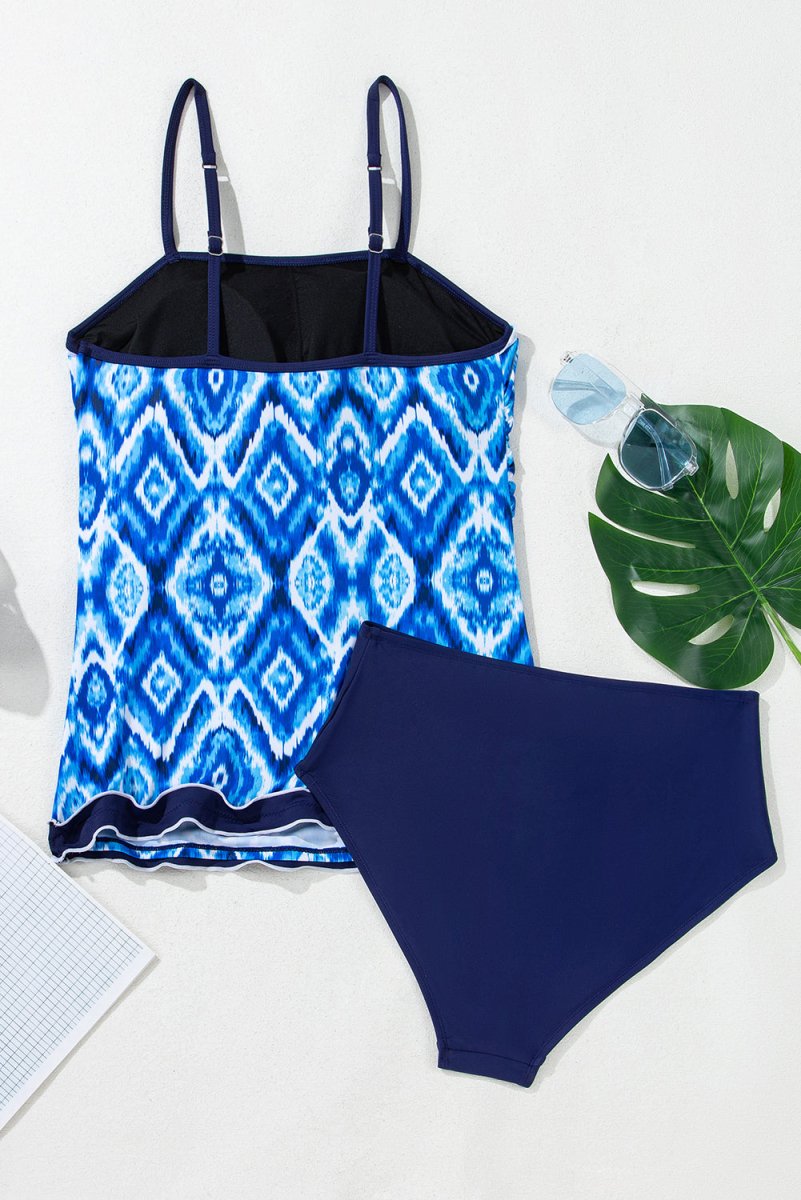 Navy Blue Abstract Print Frilled Trim Spaghetti Straps Tankini Set - Love Salve